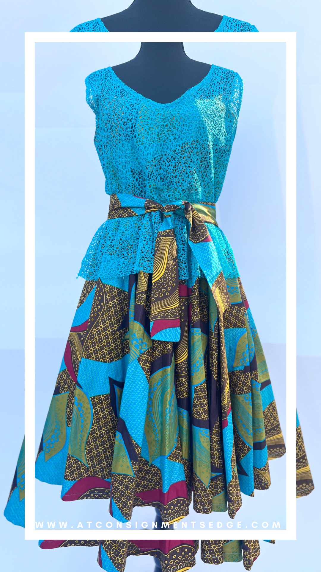 Turquoise Multi Color Dress with head wrap and wrap belt